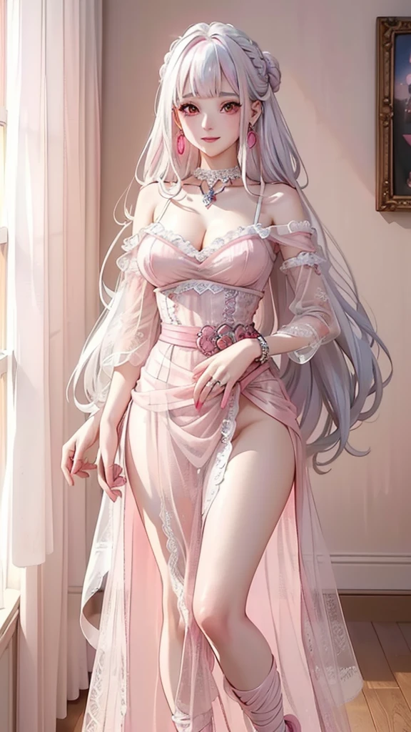 Best Quality,High resolution,8k,(plain white background, no patterns, no textures, just a plain white background:1.3),Masterpiece:1.2),beautiful girl,(Shiny pink hair),messy hair,Beautiful pink eyes,From the viewer's perspective, a seductive woman leans in close, (holding a fork with a piece of cake just inches from your lips:1.3), her eyes locked on yours. She’s dressed in a sleek, form-fitting outfit that accentuates her curves, and the warm atmosphere of the room, filled with balloons and streamers, enhances the celebratory mood,Gentle look,A refreshing look,smile,Best quality,Best Quality,Aesthetic and aesthetic:1.2,Best details((Super detailed))(High-definition CG illustrations),Slender body,smile,blush,Mature look,cute,Scrounge,Looking up,Being spoiled,super model