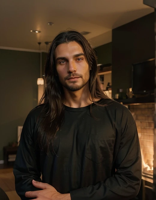 Tall 1.85 metres, English Male, 38 years old, muscular, thin, unshaved stubble beard, olive skin, tanned, handsome green eyes, deep sight, wavy long hair, classy dressed casual badass, in black clothes smiling, he wears, black jeans, turtleneck sweater