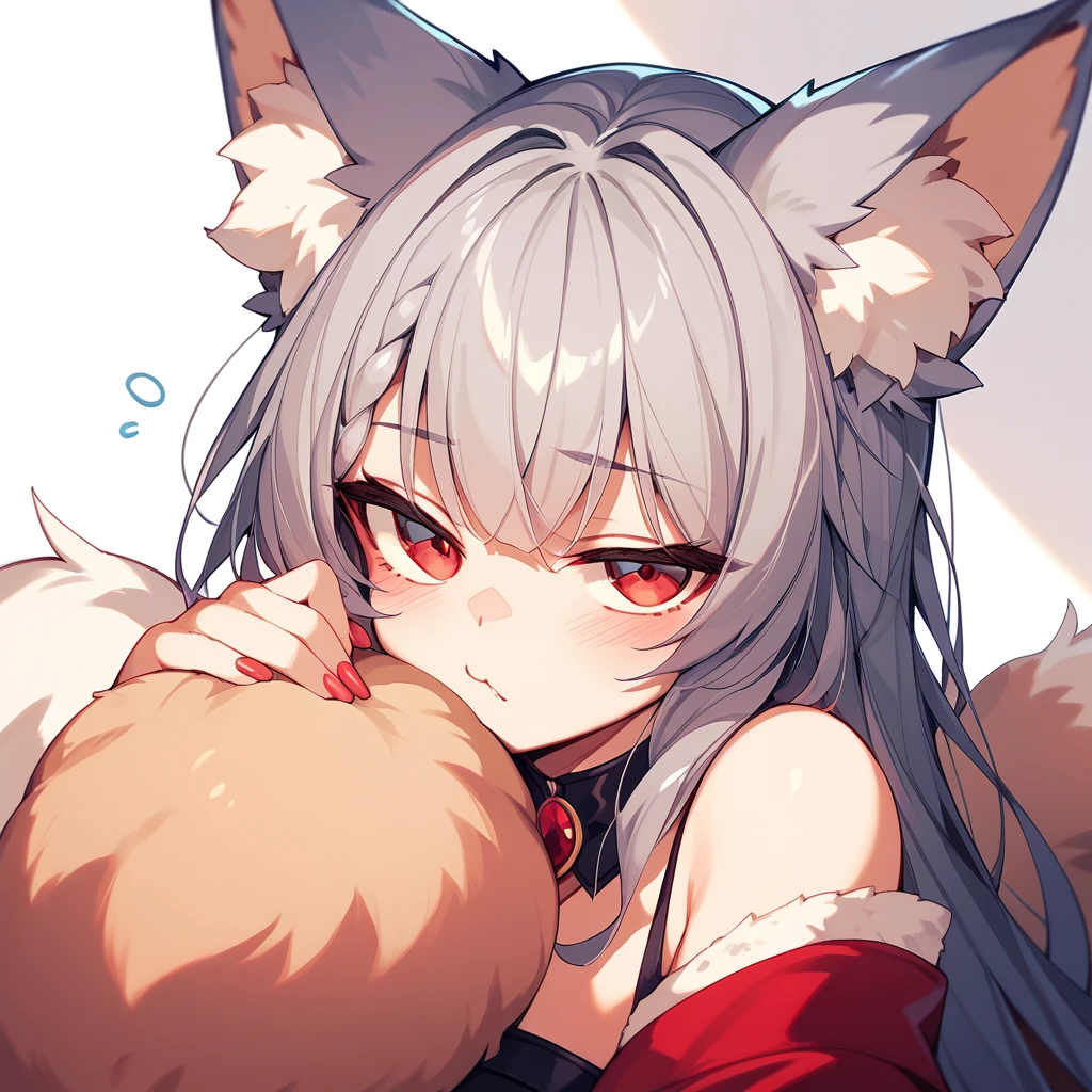 (score_9, score_8_up, score_7_up, score_6_up, score_5_up, score_4_up),Warm Hues 、White fox girl  、Grey Hair、 Sleek Long Hair 、Fox Ears、  Fluffy Fox Tail  、Ruby Eyes、 Oblique Eyes、:<,cute、Sleepy eyes