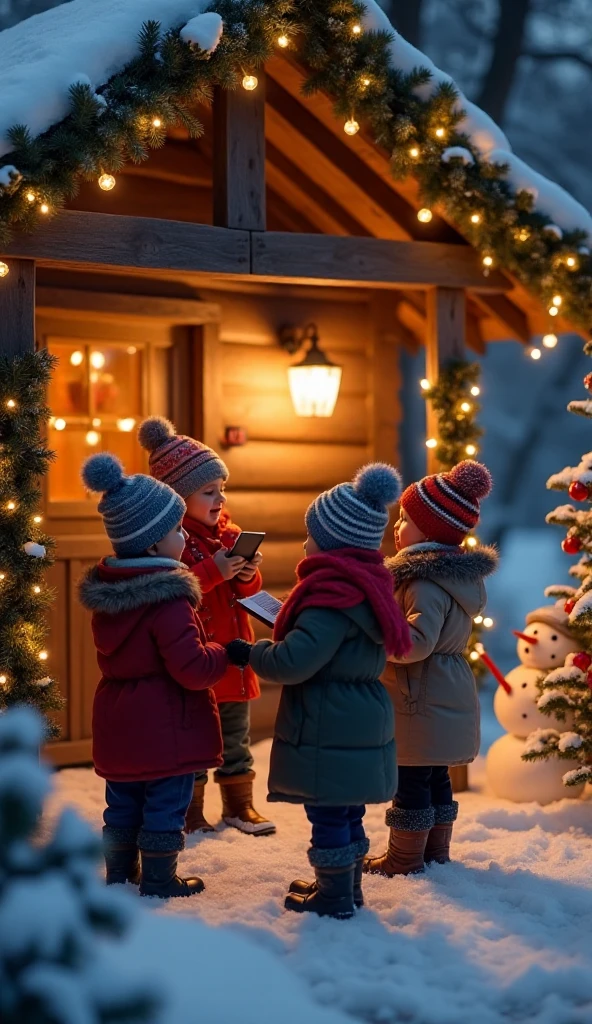  High resolution,  Best Quality , HD model,  lyrics, UHD,  Six young ren in hats, coats and scarves and winter boots are singing carols in front of a house door.. The house is made of wood and is adorned with lots of lights, ribbons and garlands . It&#39;s snowing.  Outside the house there is an illuminated Christmas tree and a snowman .