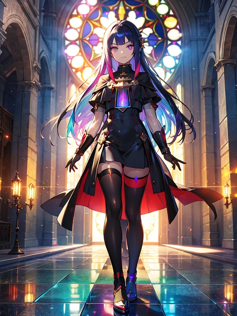 The background is a sunset sunset 、 medieval cityscape with basket、 Stained Glass Background 、Legendary Scenery 、 Mythical Scenery Unfolds、The cathedral shines brightly、red and green contrast 、Path of Light、 Edelgard in black armor, wearing black tights ,((  Holographic  )), （I can see the fangs、Double teeth、 wore black tights  ( transparent PVC clothing , transparent colored vinyl clothing , : 1.2。prism, Holographic , Color Difference, fashion illustration), （Mean face、 red eyeliner that makes a striking impression、  cold eyes 、  has long eyelashes） Purple Eyes, Long Hair,  Holographic ブロンドヘア, Refined and elegant ,  3d rendering ,, Looking at the Audience , pixib,movie lighting,  very detailed,  Clear Focus 