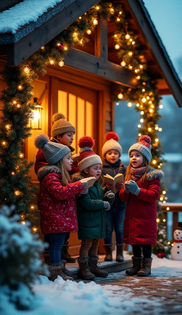  High resolution,  Best Quality , HD model,  lyrics, UHD,  Six young ren in hats, coats and scarves and winter boots are singing carols in front of a house door.. The house is made of wood and is adorned with lots of lights, ribbons and garlands . It&#39;s snowing.  Outside the house there is an illuminated Christmas tree and a snowman .