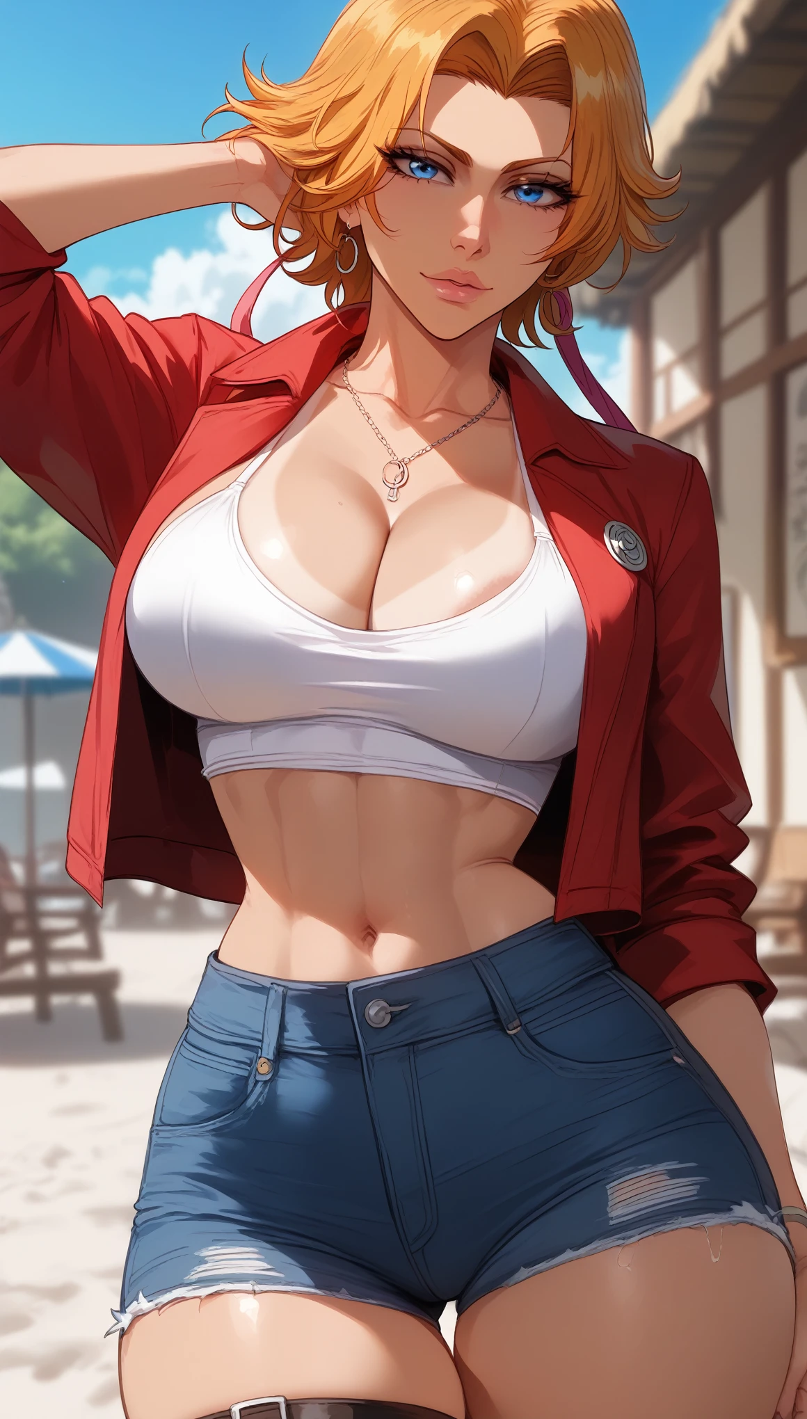  perfect eyes、 perfectly sexy face、ultra detailed、Light Blue Eyes、Rangiku Matsumoto、Bleach、 blond hair 、 short hair、shiny hair、( Big breasts ), showing cleavage、Tight Waist、 thin waist 、 dark blue denim shorts、 Thigh straps 、 glowing skin、tan lines、Beleza、erotic、series、 looking at the viewer、