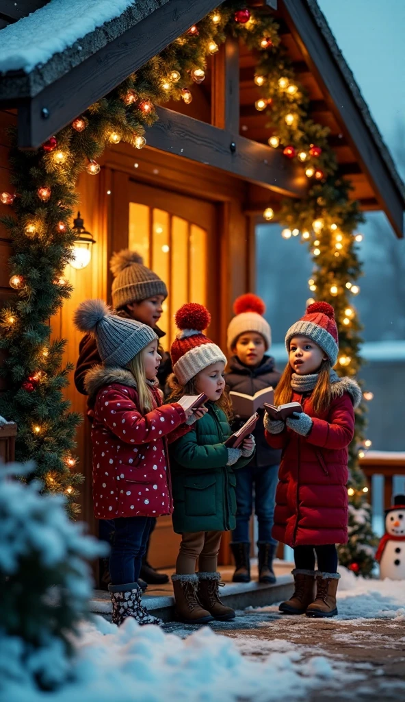  High resolution,  Best Quality , HD model,  lyrics, UHD,  Six young ren in hats, coats and scarves and winter boots are singing carols in front of a house door.. The house is made of wood and is adorned with lots of lights, ribbons and garlands . It&#39;s snowing.  Outside the house there is an illuminated Christmas tree and a snowman .