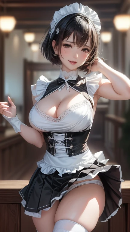 masterpiece,  best quality,  Extremely High Definition CG Unity 8K Wallpaper, ( beautiful woman ), Wendy,   Black Bob Hair  , (( flat chested,Thighs)),   (( maid outfit ,))(( absolute domain)), ((upscale white lace panties)), (),  Oil Skin, (Bewitching Smile), (Wonderland),  cute face , Key Art,  Award-winning, 繊細な詳細の写実主義HDR, by (Ruanjato Artgerm and Murata Renji ),  photorealism,  hyperrealism ,   surrenders ,  dramatic light , Dark Shadows, Great view,  depth of writing,(( Lift Skirts ))、 smirking 、sweat、Wet、See-through