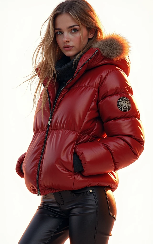 Arafed woman in a red jacket and black pants posing for a picture ...