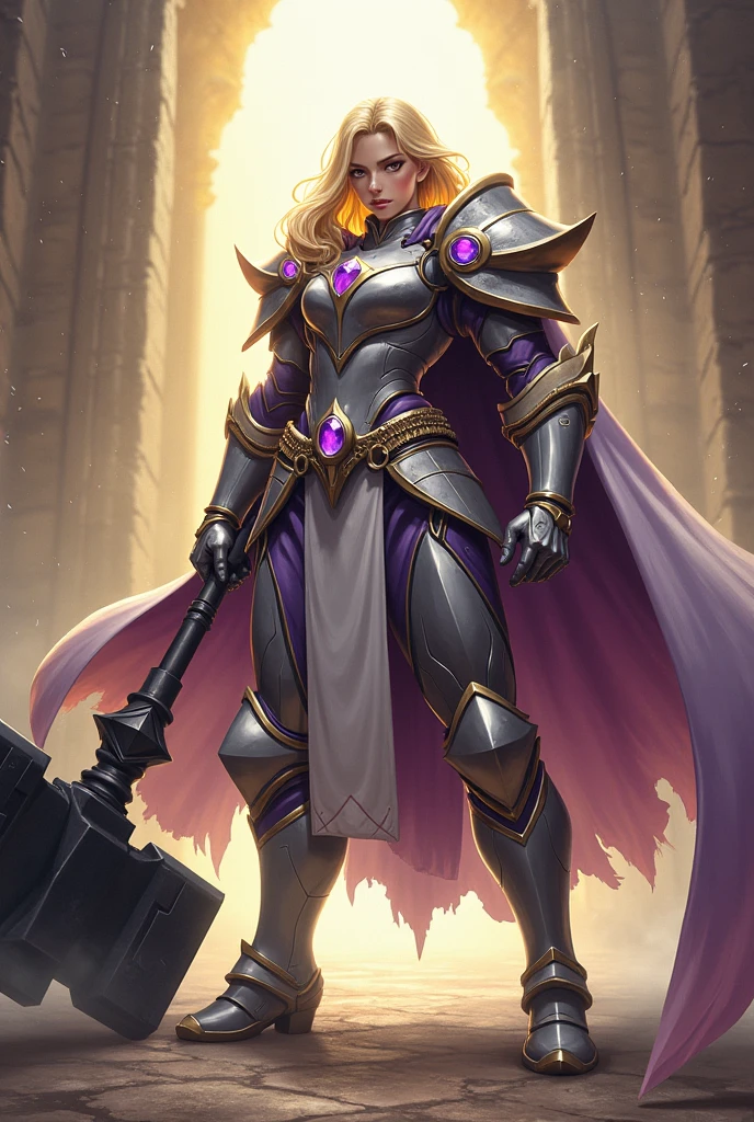 masterpiece, best quality, high quality, pale hair, red eyes, purple skin, deep blue cape with golden ornaments (1solofemale full body standing straight symmetrical, hands on hips)