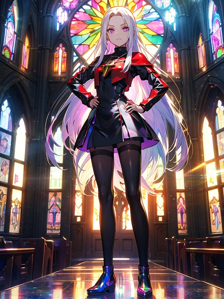 The background is a sunset sunset 、 medieval cityscape with basket、kaleidoscope、 Stained Glass Background 、Legendary Scenery 、 Mythical Scenery Unfolds、The cathedral shines brightly、red and green contrast 、Path of Light、 Edelgard in black armor, wearing black tights ,((  Holographic  )), （I can see the fangs、Double teeth、 wore black tights  ( transparent PVC clothing , transparent colored vinyl clothing , : 1.2。prism, Holographic , Color Difference, fashion illustration), （Mean face、 red eyeliner that makes a striking impression、  cold eyes 、  has long eyelashes） Purple Eyes, Long Hair,  Holographic ブロンドヘア, Refined and elegant ,  3d rendering ,, Looking at the Audience , pixib,movie lighting,  very detailed,  Clear Focus 