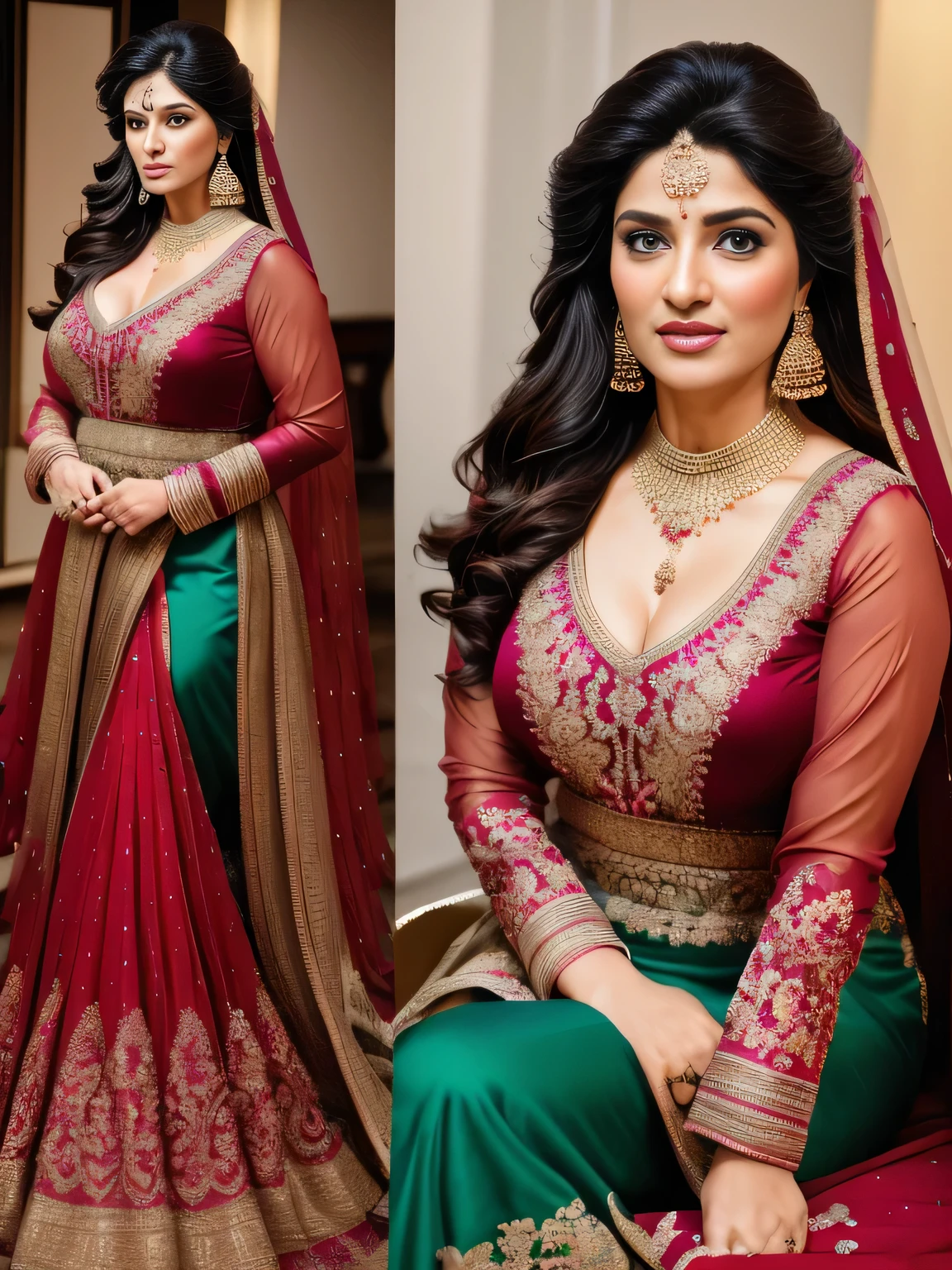 portrait of a 30 year most beautiful very busty women sitting on the bed, hd details of award show ,HD makeup ,hd details ,hd render, realistic, hyper realistic, photograph, wearing a pakistani traditional wedding SILK red dress with face veil,create perfect sitting details, cleavage (full body view)(very tight shirt and fully torn jeans)(huge breast)(large breast)(round breast)
