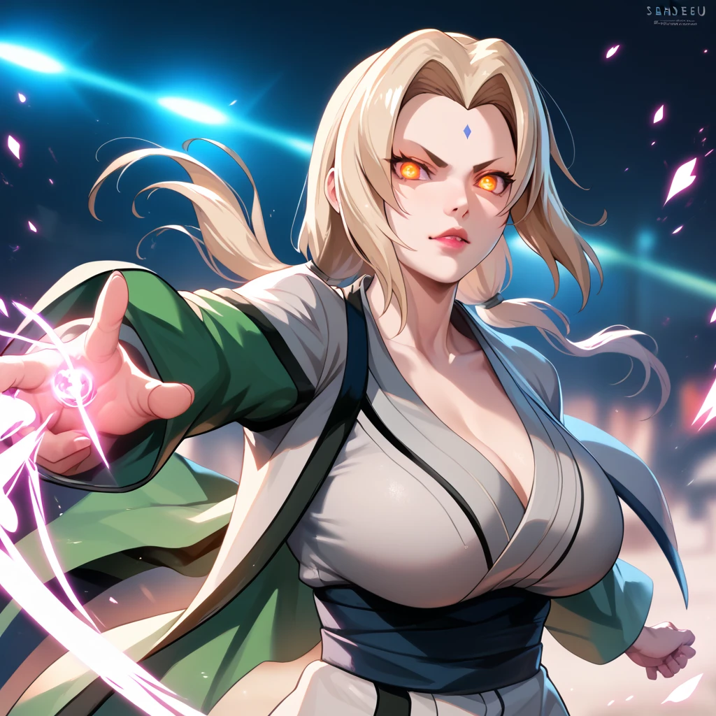 tsunade senjju, 1 girl, action shot, power art, Dynamic lighting, Absurd res, Photo realistic, detailed skin, detailed face, skin pores, glowing eyes