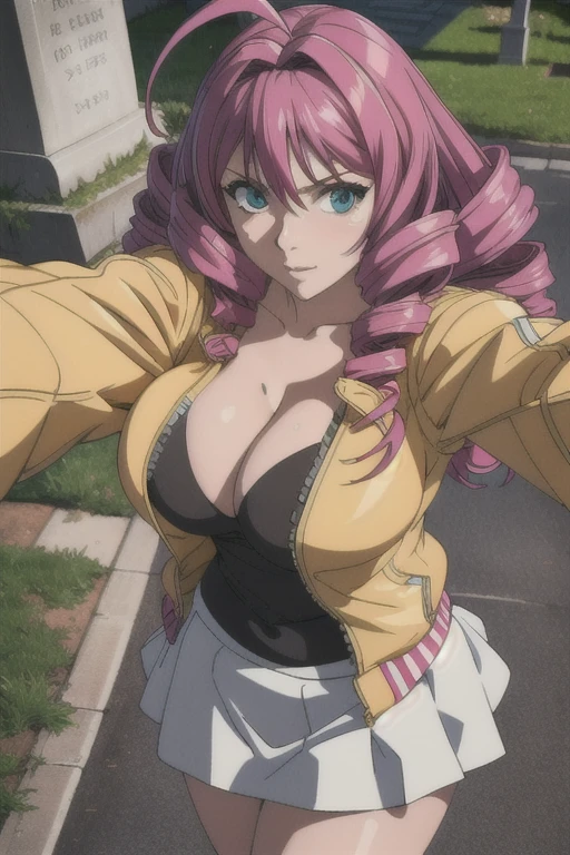 masterpiece, best quality, highly quality ,Emi-IsuzuKJ, Emi-IsuzuKJ, holding, cleavage, jacket, big breast, wide hips, thigths, oily skin, white skirt, yellow jacket, ahoge, (selfie:1.2) , (realistic:1.2) , cowboy shot , from above, in a cementery in a day.