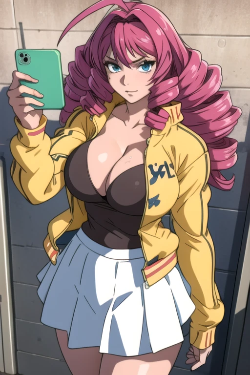 masterpiece, best quality, highly quality ,Emi-IsuzuKJ, Emi-IsuzuKJ, holding, cleavage, jacket, big breast, wide hips, thigths, oily skin, white skirt, yellow jacket, ahoge, (selfie:1.2) , (realistic:1.2) , cowboy shot , covered nipples, from above, in a cementery in a day.