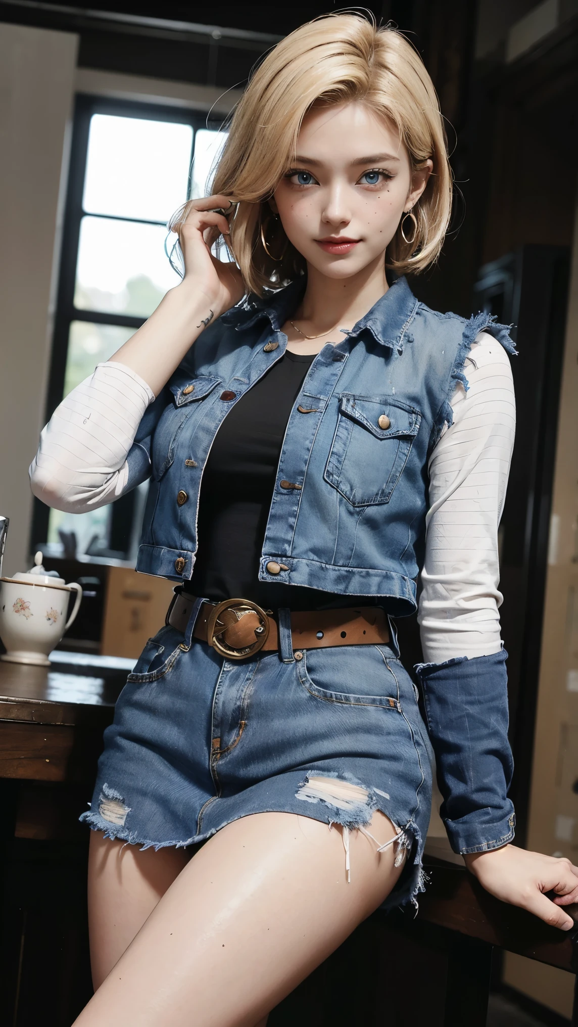 Android 18,(best qualityer,4K,8k,high resolution,work of art:1.2)(weather: cloudy), Mondstadt city background, market street, freckles, black top, striped sleeves, denim vest, denim skirt, pantyhose, brown boots, earrings, belt, short straight hair, blonde hair, ultra detailed, realistic,portraite,beautiful detailed blue eyes, glowing eyes,blush,beautiful detailed lips,extremely detailed eye and face, long eyelashes,sexly,average, large breasts,beaming smile, sexy smile,powerful girl, sexy pose, stunning curves,bright coloured,dramatic lighting,