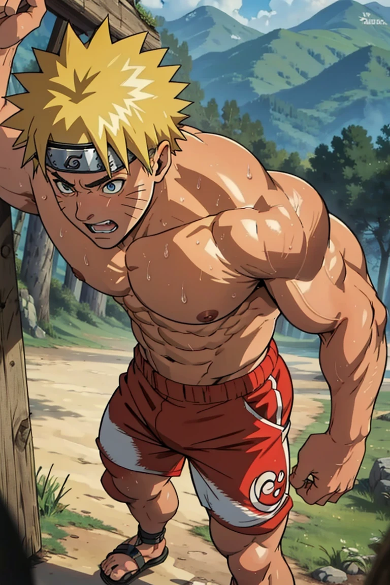 masterpiece, Realistic, best quality, full body, [highest quality photo][ 4k,HD photo quality] huge muscular thigh muscles, ahegao, saliva, only wears red tight shorts, muscles Uzumaki Naruto, lots of sweat flowing down, topless, shirtless, sunny, rosy skin, bodybuilder,  8-pack abs, giant butt, muscular chest muscles, giant muscular, sinewy biceps, cute *********, (close-up), giant ass, pov,