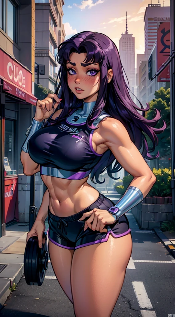 (melhor qualidade:1.3), (qualidade 4K), Blackfire by teen titans, ((face detailed)), ((body curvy)), ((blush)), (peitos), ((purple hair long)), sexy, ((gym shorts)), ((city)),