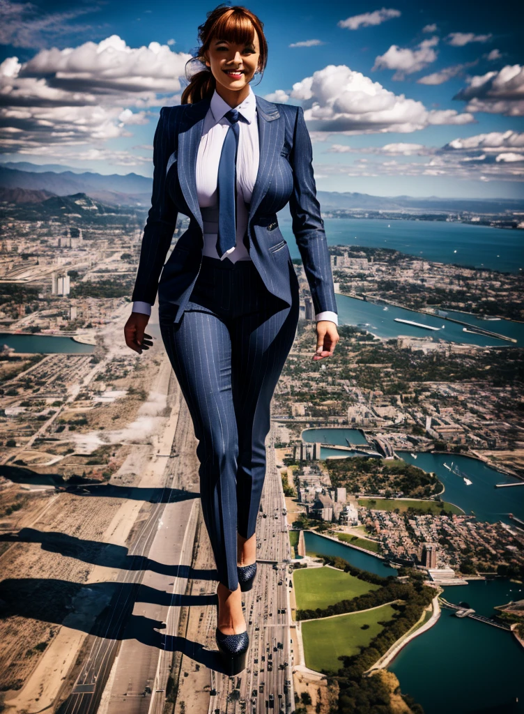 Giantess art, 100 miles tall giantess in distance walking on countries, young women with beautiful curves, massive thighs, ginger hair, lipstick, wearing a perfect form-fitting light grey pinstripe trouser suit and blazer, crisp white shirt with large spread collar, large blade width Windsor knot blue tie, with massive breasts. She is wearing platform high heels and standing on a miniature city, with skyscrapers at her feet, smiling with her huge breasts. This image is highly detailed, photorealistic, best quality, a masterpiece, with cinematic lighting, ultra-detailed, long ponytail hair with front bangs, high altitude photography, satellite view, a curvy figure, heaving bosom, legs, a stepping on mulitple mega city,, destruction, buildings, roads, a cloudy, overcast, hazy atmosphere, and wispy clouds. Pov