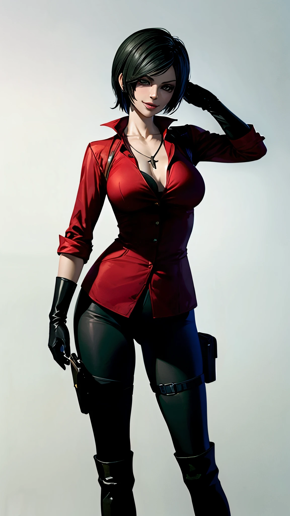 （ super quality, ultra high resolution,16k,super masterpiece,Ultra HD ,Detailed shading and background,）Resident Evil 6,ada wong,Short, straight, black hair ,（A red shirt suit that has been unbuttoned, spread wide, and stood straight,Folded sleeves, black long gloves,Tight black pants, black long boots ,） cross necklace, provocative smile ,Thick lips,