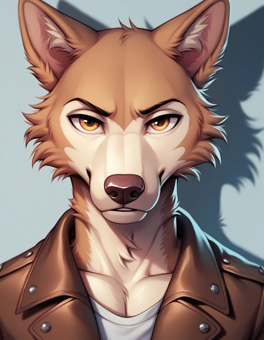 A close-up illustration of a confident, independent wolf, captured as if taking a selfie. The wolf's fur is dark gray with lighter gray on his chest and shoulders, giving him a rugged, mysterious look. His intense amber eyes are focused directly at the viewer, showing intelligence and a calm yet assertive nature. His face is framed by a few loose strands of fur, and there's a subtle scar on his cheek, hinting at past struggles. He’s wearing a worn brown leather jacket, unbuttoned slightly at the top, with the collar turned down, adding to his laid-back, rebellious vibe. The background is blurred, focusing on the wolf's face and upper body, with a moody and shadowed ambiance that highlights his enigmatic persona. The style should capture the expressive, detailed character designs typical of Beastars, emphasizing his strength, confidence, and slightly mysterious charm.