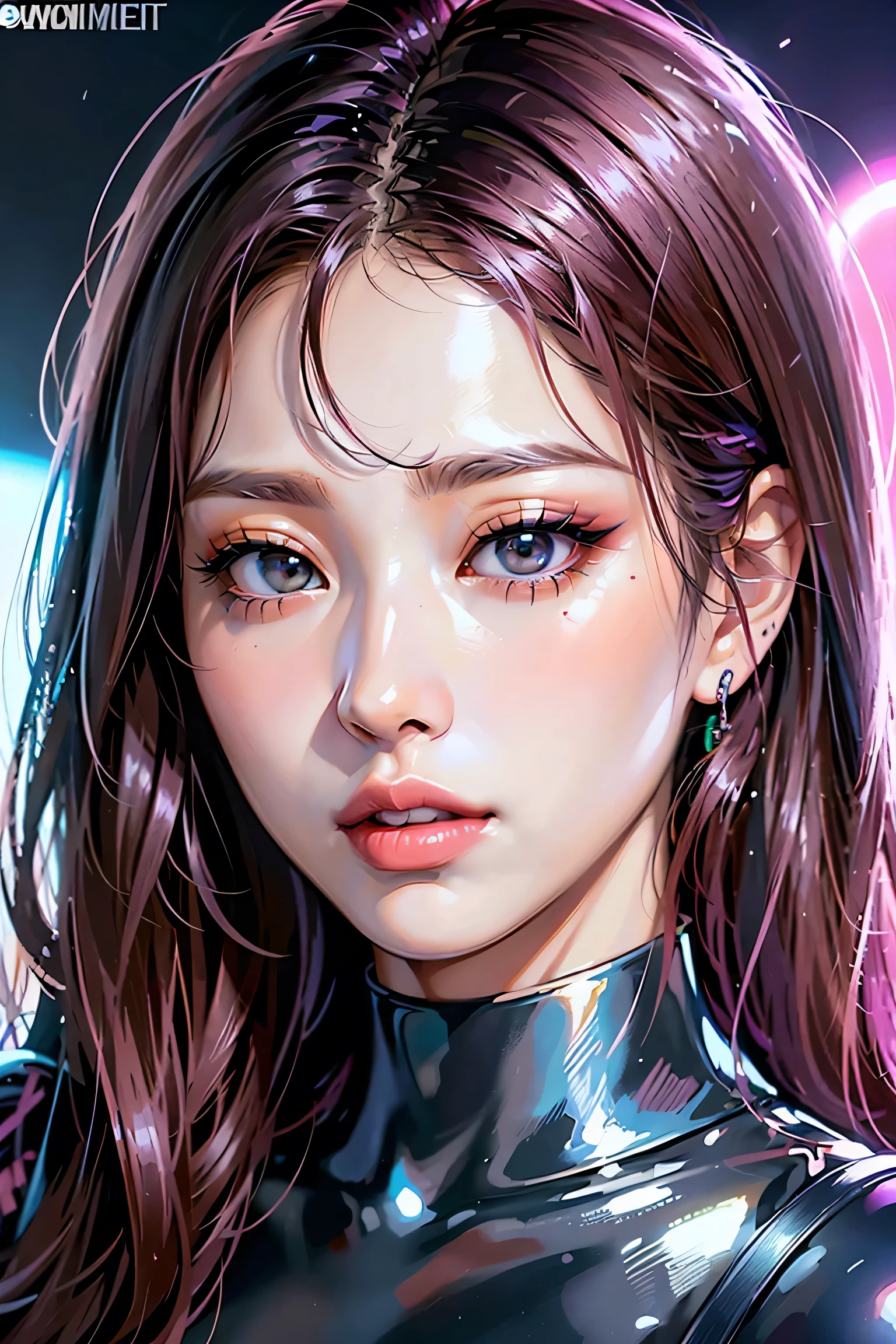 80’s glam rock makeup on shiny android face, anime, 2.5D, Glittery face, moody lighting, (purples, pinks, and blues), iridescent face, abstract ai model, pretty, sexy, minimal, sleek, slender, asian, elegant, chic, futuristic, retro, sophisticated half human half machine, close up face portrait, mouth open wide,
