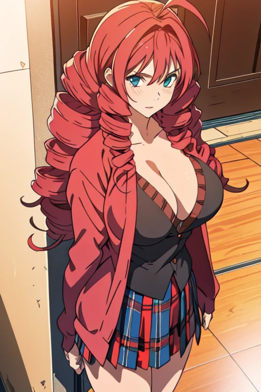 masterpiece, best quality, highly quality ,Emi-IsuzuKJ, Emi-IsuzuKJ, holding, cleavage, neckline, black jacket, big breast, wide hips, thigths, oily skin, red plaid pleated skirt, brown cardigan,  ahoge,  (realistic:1.2) , cowboy shot , covered nipples, from above, in a cementery in a day.