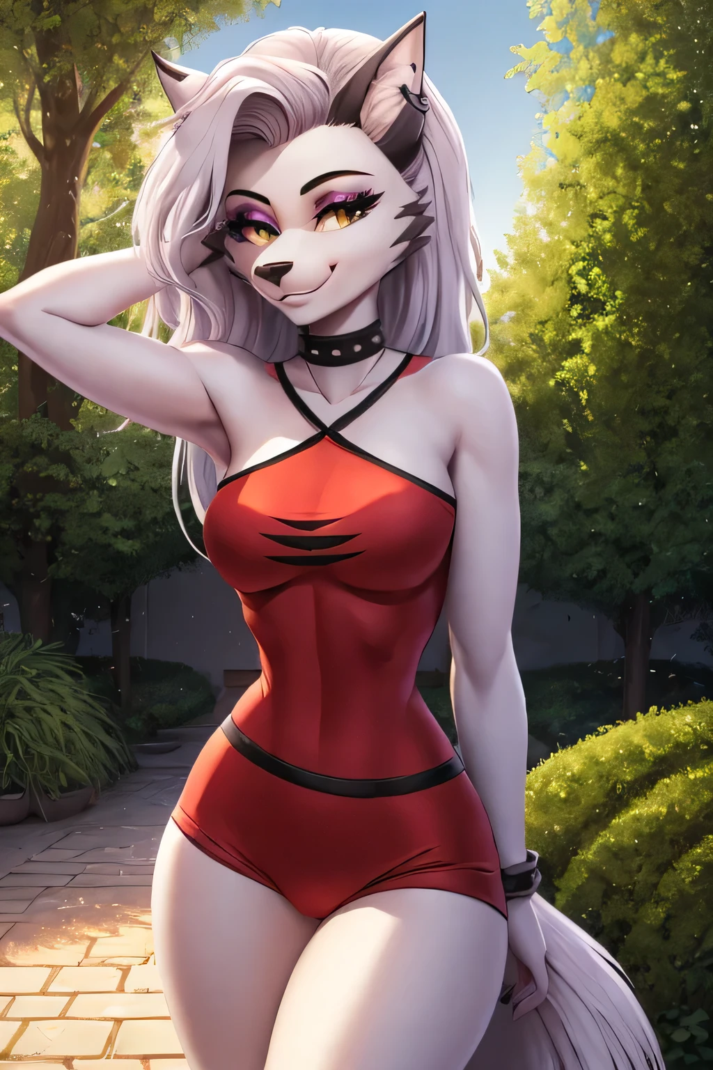 (solo), (masterpiece, professional drawing), (8k, high resolution), (loona fused with queebee), , half body, standing, smiling, looking to you, sexy, high waist briefs, perfect proportions, anatomically correct, day time, garden, light, tree, realistic lighting, detailed eyes, half body photo,