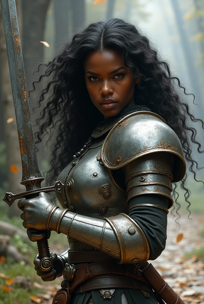 Por favor, create an image of a black woman in a spiritual battle. She wears robust armor, He holds a gleaming sword in his right hand and wields a solid shield in his left.. The scene must reflect the intensity of spiritual warfare, highlighting the character’s determination and focus. Avoid inappropriate elements."