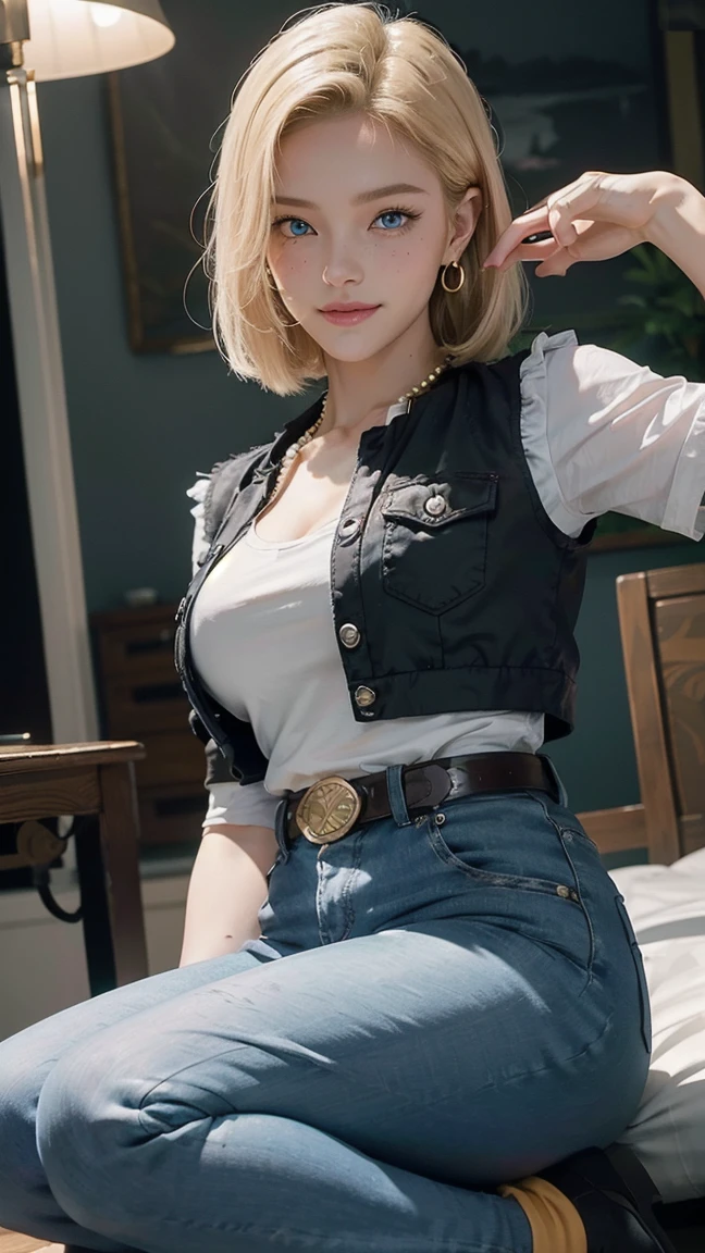 Android 18,(best qualityer,4K,8k,high resolution,work of art:1.2)(weather: cloudy), Mondstadt city background, lake port, freckles, white top, black vest, pearl necklace, tight green pants, black gloves, gold bracelets, orange socks, black shoes, waist chain pocket watch, earrings, belt, short straight hair, blonde hair, ultra detailed, realistic,portraite,beautiful detailed blue eyes, glowing eyes,blush,beautiful detailed lips,extremely detailed eye and face, long eyelashes,sexly,average, large breasts,beaming smile, sexy smile,powerful girl, flirty pose, stunning curves,bright coloured,dramatic lighting,