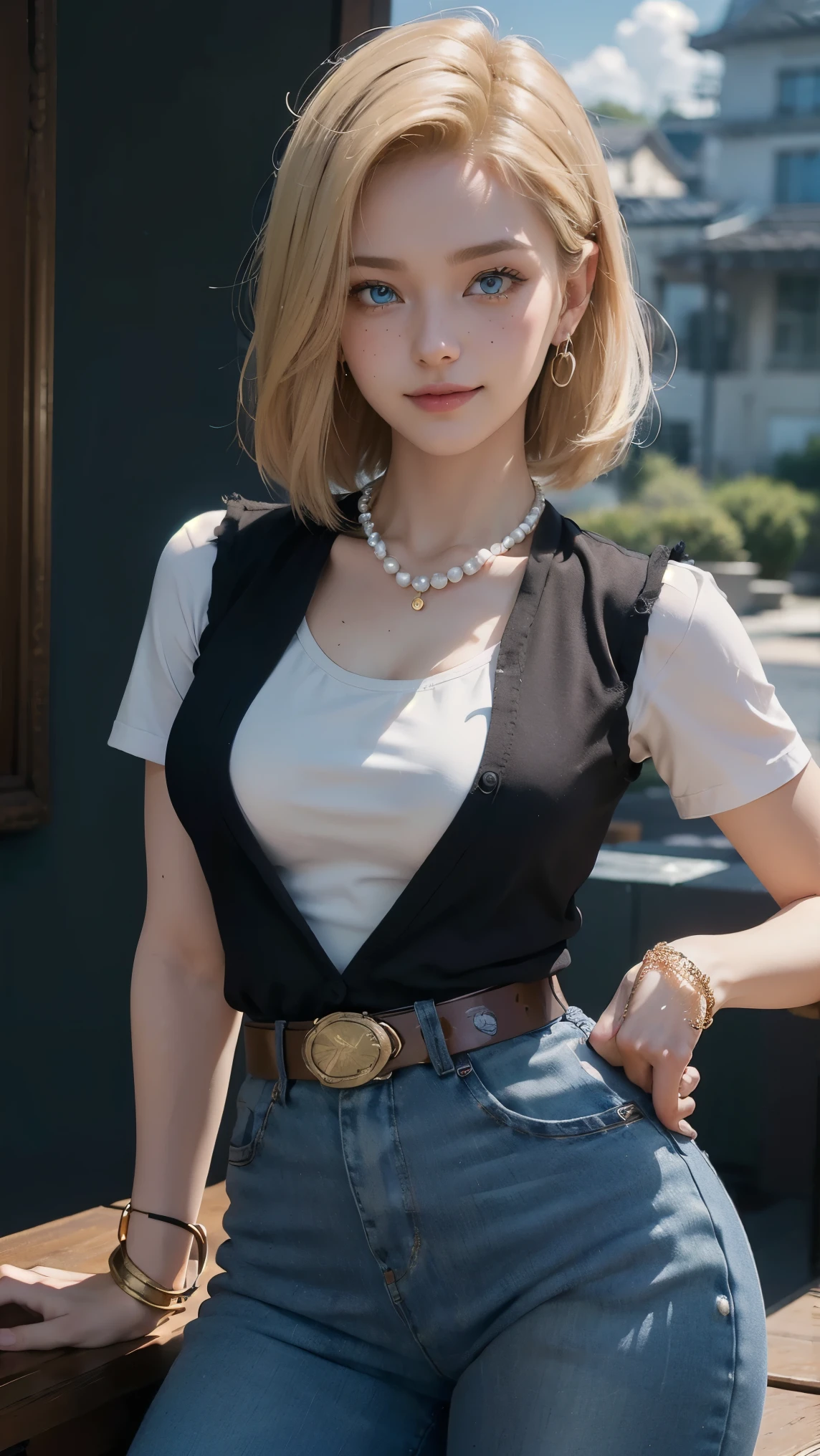 Android 18,(best qualityer,4K,8k,high resolution,work of art:1.2)(weather: cloudy), Mondstadt city background, lake port, freckles, white top, black vest, pearl necklace, tight green pants, black gloves, gold bracelets, orange socks, black shoes, waist chain pocket watch, earrings, belt, short straight hair, blonde hair, ultra detailed, realistic,portraite,beautiful detailed blue eyes, glowing eyes,blush,beautiful detailed lips,extremely detailed eye and face, long eyelashes,sexly,average, large breasts,beaming smile, sexy smile,powerful girl, flirty pose, stunning curves,bright coloured,dramatic lighting,