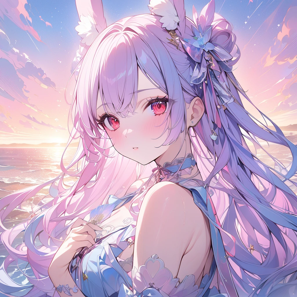 (Masterpiece, Best Quality, Best Quality, Watercolor (Medium), Official Art, Beautiful and Aesthetic: 1.2), (1 Girl: 1.3), (Fractal Art: 1.3), Full Body, (Chair), ((Back View)), Pattern, (Irridescent Hair, Colorful Hair, Half Blue and Half Pink Hair: 1.2), Blue Sky, Clouds, Colorful, Smile, Glasses, Close Up, Heterochromia, (Colorful: 1.5), (Shy Face), (Rainbow)), (( Clothes with a wide open back))