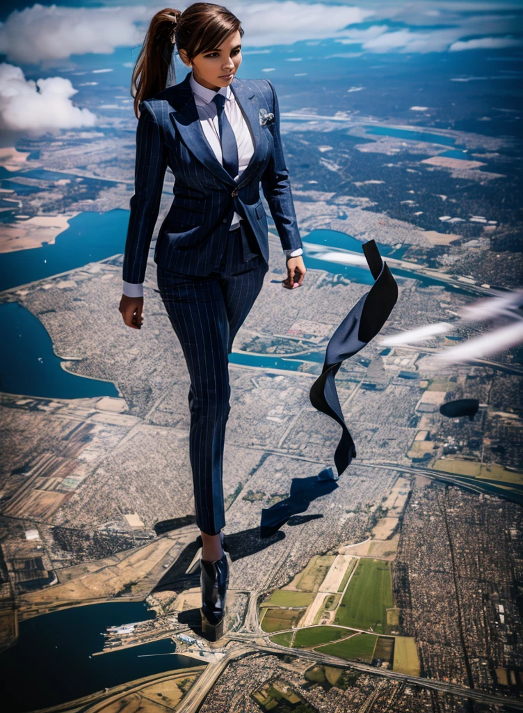 Giantess art, 100 miles tall giantess in distance walking on countries, young women with beautiful curves, massive thighs, ginger hair, lipstick, wearing a perfect form-fitting light grey pinstripe trouser suit and blazer, crisp white shirt with large spread collar, large blade width Windsor knot blue tie, with massive breasts. She is wearing platform high heels and standing on a miniature city, with skyscrapers at her feet, smiling with her huge breasts. This image is highly detailed, photorealistic, best quality, a masterpiece, with cinematic lighting, ultra-detailed, long ponytail hair with front bangs, high altitude photography, satellite view, a curvy figure, heaving bosom, legs, a stepping on mulitple mega city,, destruction, buildings, roads, a cloudy, overcast, hazy atmosphere, and wispy clouds. Seen from space