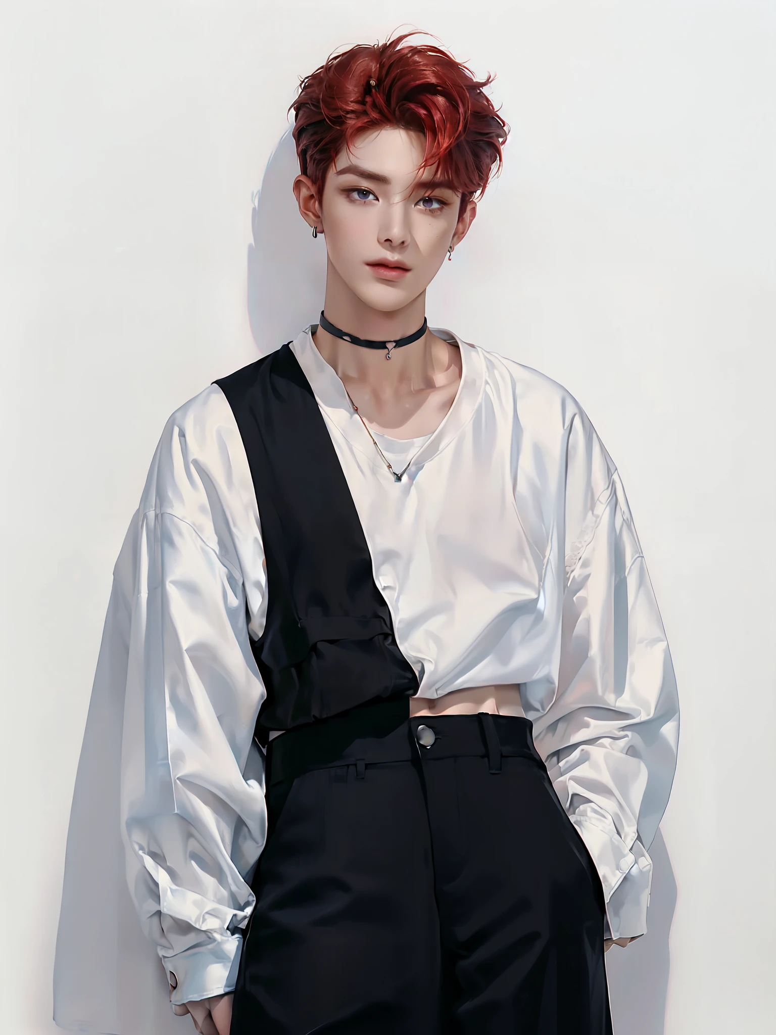 (4K)) ((  high quality  )) ((  white background )) ((, the amber-red hair color )) ((blue trousers)) ((one member of a k-pop group)) ((, the amber-red hair color )) (( Yongjun has a sophisticated and attractive appearance ,  with soft facial features ,  with perfect skin and expressive eyes . his nose is long, plump lips.  medium length hair , slightly wavy,  earrings painted in a warm reddish tint with a slight honey tint . The hair is styled like this ,  so that the bangs cover your forehead on both sides ,  frame creating a mysterious and romantic image )) (( dressed in a light white silk t-shirt or top or a black or dark red velvet vest)) ((suspender,  carelessly lowered or slightly worn for the speaker )) (( black pants with a shiny effect )) ((Accessories:  Metallic choker ,  speaker thin ,  clip earring or small ear ring )) (( relaxed pose )) ((full length pose)) (( looks directly at the camera)) ((hand in pocket)) ((full length pose)) (( with no other characters in the )) ((painting in artistic style)) (( white background))
