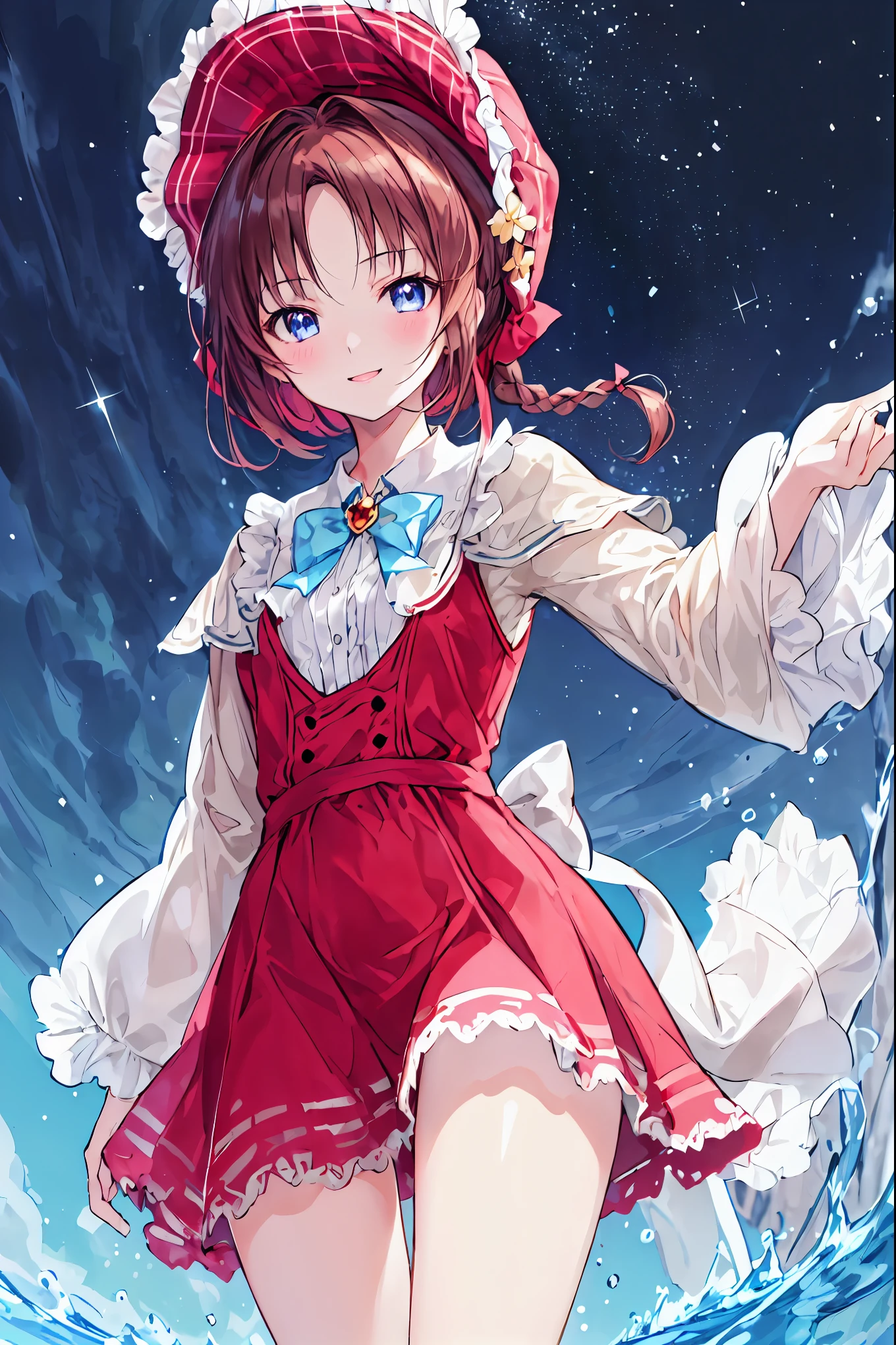 (masterpiece,   best quality ),  one girl who is at ease, smile, cute,   to take a selfie , Outdoor,  beautiful face, bonnet,  Red Dress､Brown Hair， shortcuts， unkempt hair，Short braided hair，Neat， slender beautiful，Correct posture，Small chest， beautiful legs， their enchanting gray-blue eyes are shining like stars，Droopy eyes， bright color, beautiful eyes,繊細なsmile,Textured Skin, best quality best , gentle and beautiful woman , anime style､