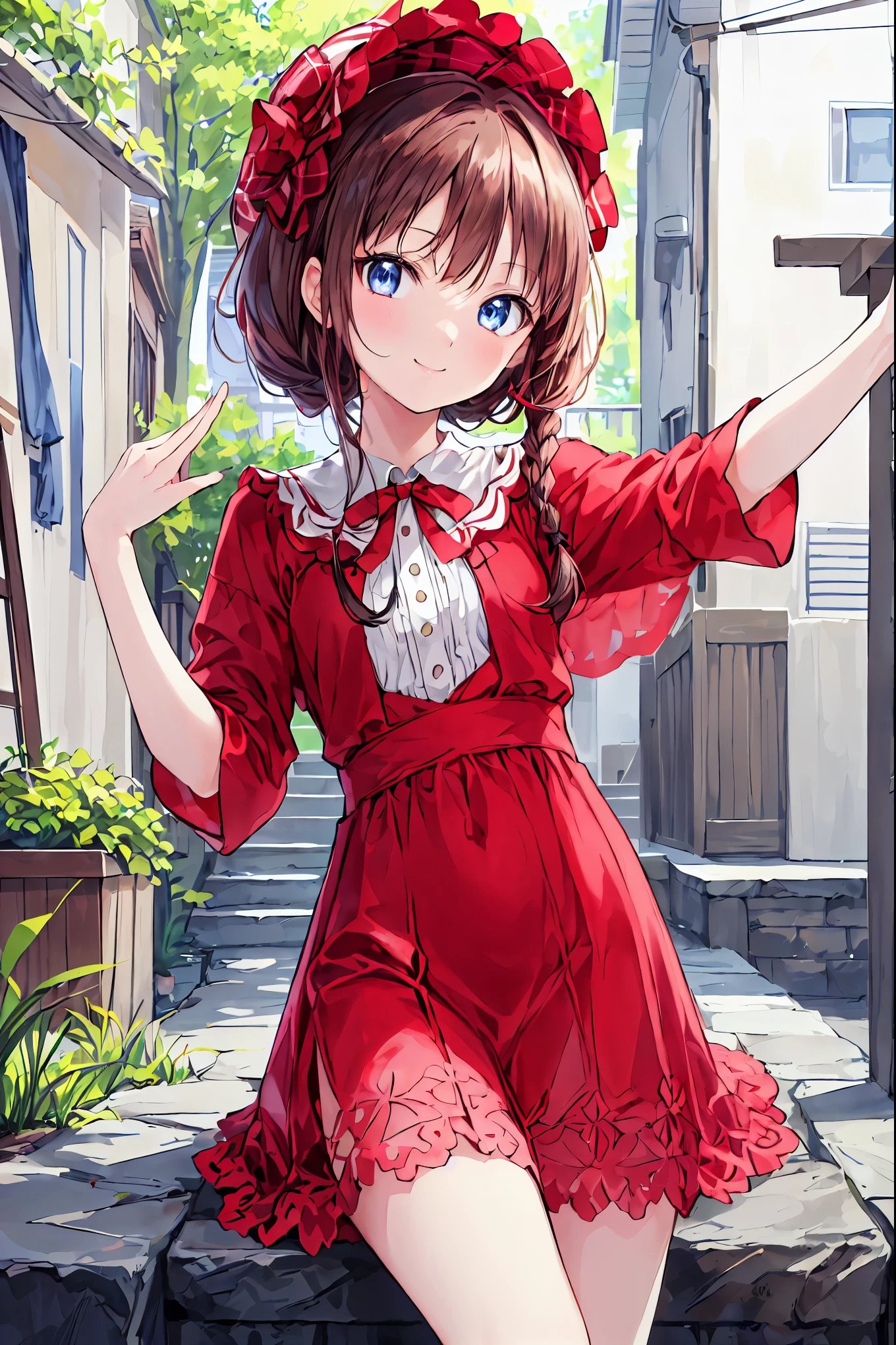 (masterpiece,   best quality ),  one girl who is at ease, smile, cute,   to take a selfie , Outdoor,  beautiful face, bonnet,  Red Dress､Brown Hair， shortcuts， unkempt hair，Short braided hair，Neat， slender beautiful，Correct posture，Small chest， beautiful legs， their enchanting gray-blue eyes are shining like stars，Droopy eyes， bright color, beautiful eyes,繊細なsmile,Textured Skin, best quality best , gentle and beautiful woman , anime style､