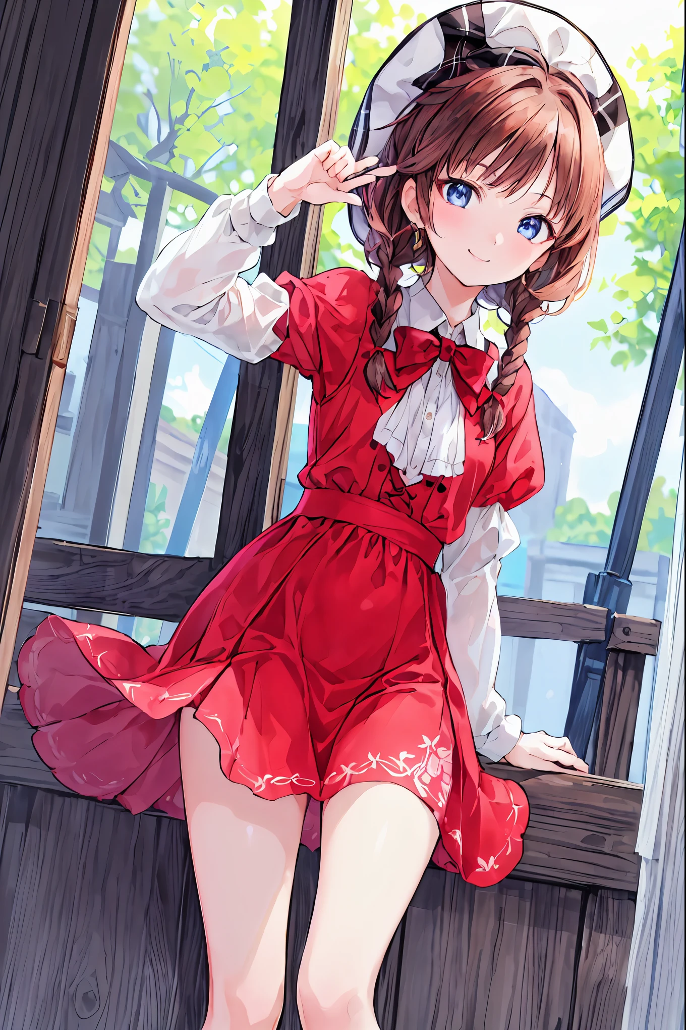 (masterpiece,   best quality ),  one girl who is at ease, smile, cute,   to take a selfie , Outdoor,  beautiful face, bonnet,  Red Dress､Brown Hair， shortcuts， unkempt hair，Short braided hair，Neat， slender beautiful，Correct posture，Small chest， beautiful legs， their enchanting gray-blue eyes are shining like stars，Droopy eyes， bright color, beautiful eyes,繊細なsmile,Textured Skin, best quality best , gentle and beautiful woman , anime style､