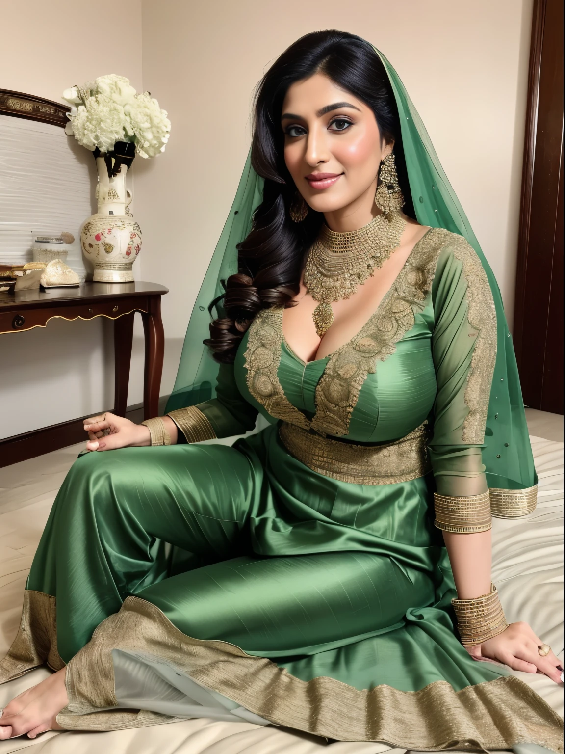 portrait of a 30 year most beautiful very busty women sitting on the bed, hd details of award show ,HD makeup ,hd details ,hd render, realistic, hyper realistic, photograph, wearing a pakistani traditional wedding SILK gold dress with face veil, transparent ,create perfect sitting details, cleavage (full body view)(very tight shirt and fully torn jeans)(huge breast)(large breast)(round breast)