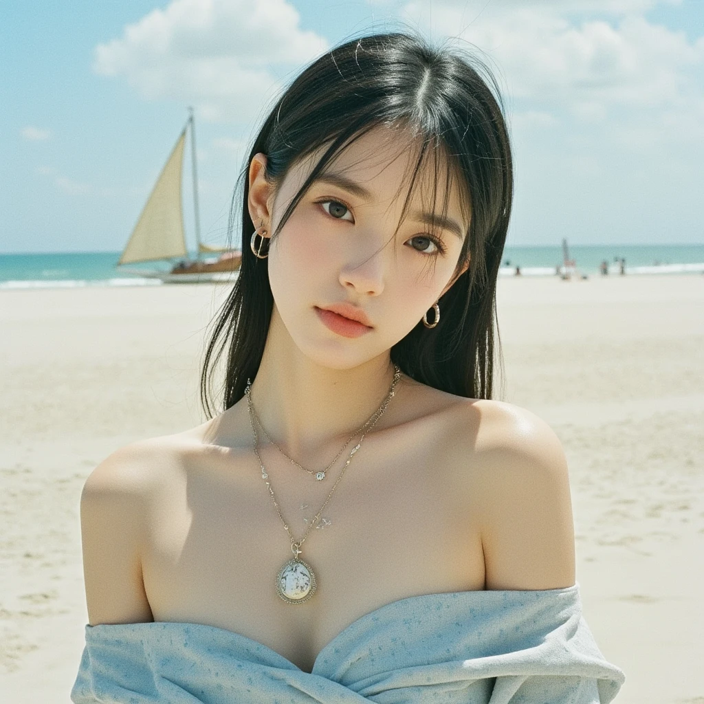  masterpiece,  top quality ,  best quality ,  Realistic , Official Art , very detailed CG ความสามัคคี วอลล์เปเปอร์ 16k , eyes and faces are very detailed.,  best quality , 16K ultra clear , A young Korean woman wearing jewelry, naked, showing her whole body proportions from head to toe, white skin, pink tits, posing seductively, walking on a sandy beach, wearing a floor covering, seeing clouds, rain falling, behind a sailing boat.