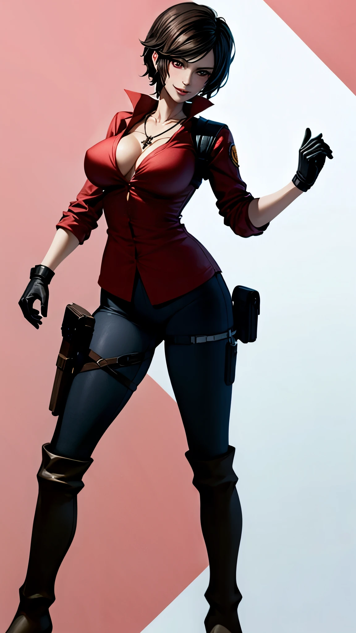 （ super quality, ultra high resolution,16k,super masterpiece,Ultra HD ,Detailed shading and background,）Resident Evil 6,ada wong,Short, straight, black hair ,（A red shirt suit that has been unbuttoned, spread wide, and stood straight,Folded sleeves, black long gloves,Tight black pants, black long boots ,） cross necklace, provocative smile ,Thick lips, Living room where the sun shines ,