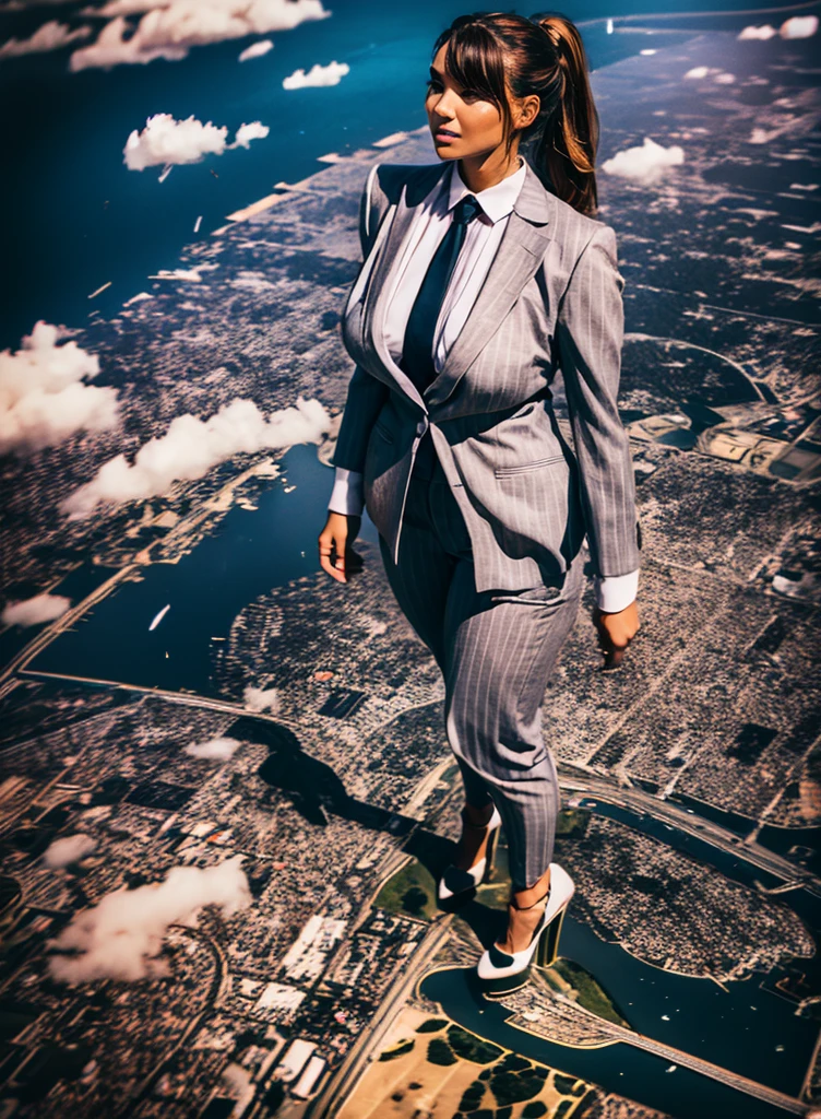 Giantess art, 100 miles tall bbw giantess in distance walking on countries, young women with beautiful curves, massive thighs, ginger hair, lipstick, wearing a perfect form-fitting light grey pinstripe trouser suit and blazer, crisp white shirt with large spread collar, large blade width Windsor knot blue tie, with massive breasts. She is wearing platform high heels and standing on a miniature city, with skyscrapers at her feet, smiling with her huge breasts. This image is highly detailed, photorealistic, best quality, a masterpiece, with cinematic lighting, ultra-detailed, long ponytail hair with front bangs, high altitude photography, satellite view, a curvy figure, heaving bosom, legs, a stepping on mulitple mega city,, destruction, buildings, roads, a cloudy, overcast, hazy atmosphere, and wispy clouds. Seen from space