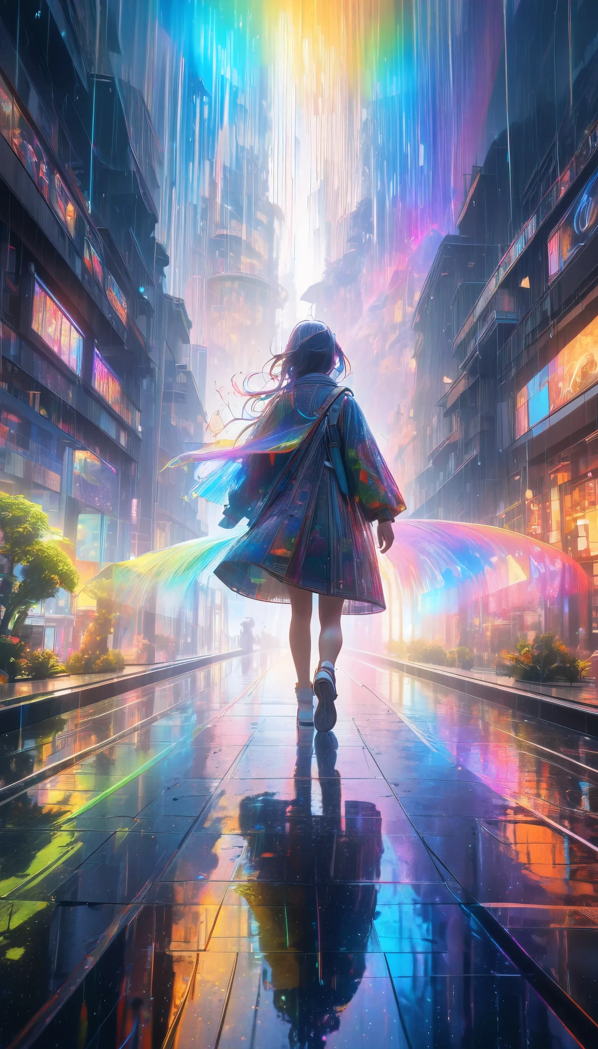 Anime girl walking in the rain with a rainbow umbrella - SeaArt AI