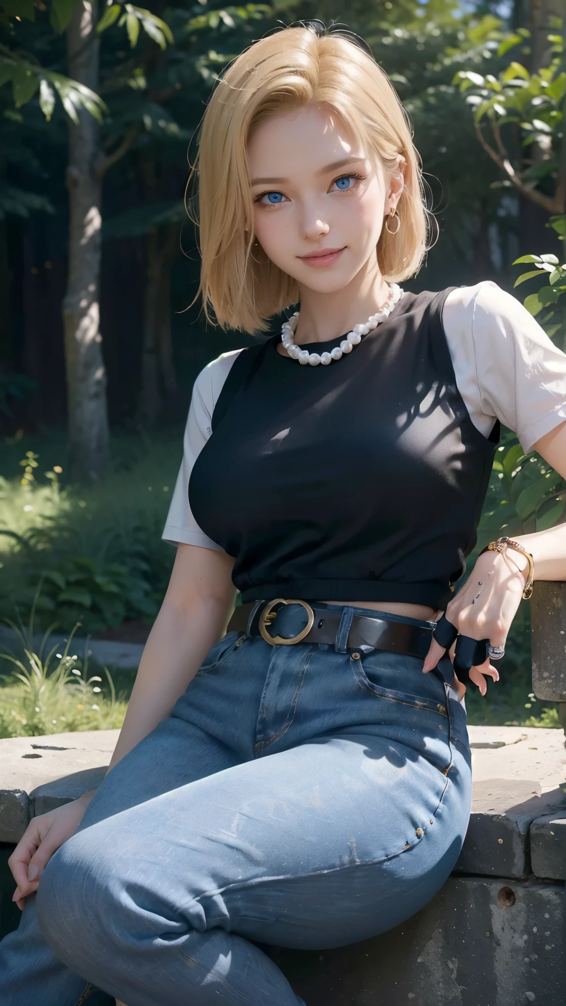 Android 18,(best qualityer,4K,8k,high resolution,work of art:1.2)(weather: cloudy), Mondstadt forest background, mountain road, freckles, white top, black vest, pearl necklace, tight denim pants, black gloves, gold bracelets, orange socks, black shoes, waist chain wallet, earrings, belt, short straight hair, blonde hair, ultra detailed, realistic,portraite,beautiful detailed blue eyes, glowing eyes,blush,beautiful detailed lips,extremely detailed eye and face, long eyelashes,sexly,average, large breasts,beaming smile, happy smile,powerful girl, flirty pose, stunning curves,bright coloured,dramatic lighting,