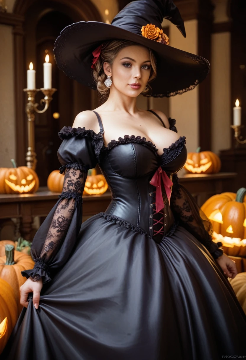 busty and sexy girl, 8k, masterpiece, ultra-realistic, best quality, high resolution, high definition, halloween, witch dress, witch hat, pumpkins, Victorian fashion, Rococo fashion, black corset with red ribbon lacing, purple lace details on the sleeves, Puffed sleeves, ornate flower frame background, historical vibe, historical fashion with fantasy elements,lolita