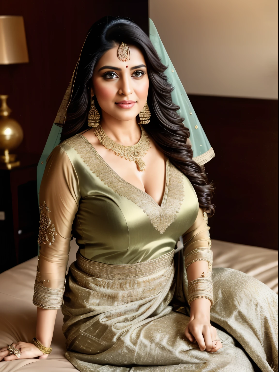 portrait of a 30 year most beautiful very busty women sitting on the bed, hd details of award show ,HD makeup ,hd details ,hd render, realistic, hyper realistic, photograph, wearing a pakistani traditional wedding SILK  full gold dress with face veil, transparent ,create perfect sitting details, cleavage (full body view)(very tight shirt and fully torn jeans)(huge breast)(large breast)(round breast)