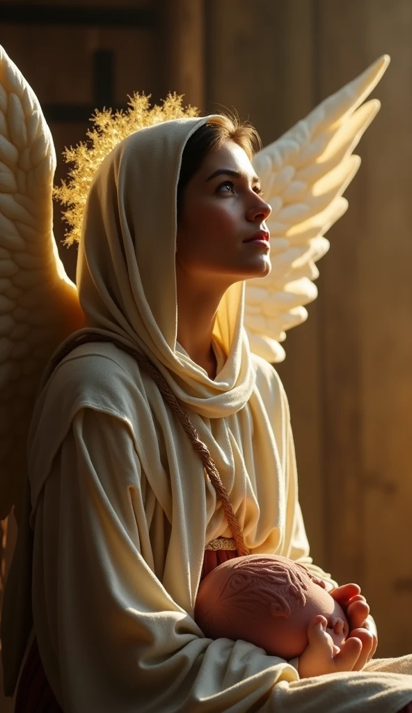 nossa senhora, uma menina jovem, mother of Jesus, along with her is the angel Gabriel in white robes and radiant light.