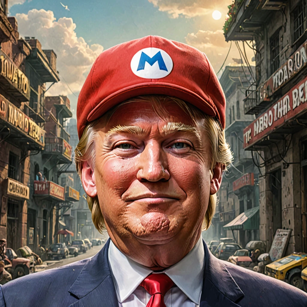 concept art close-up photo of a donald trump as mario, joyful, at a place in mario, looking at viewer, . digital artwork, illustrative, painterly, matte painting, highly detailed, hat with "MAGA" text