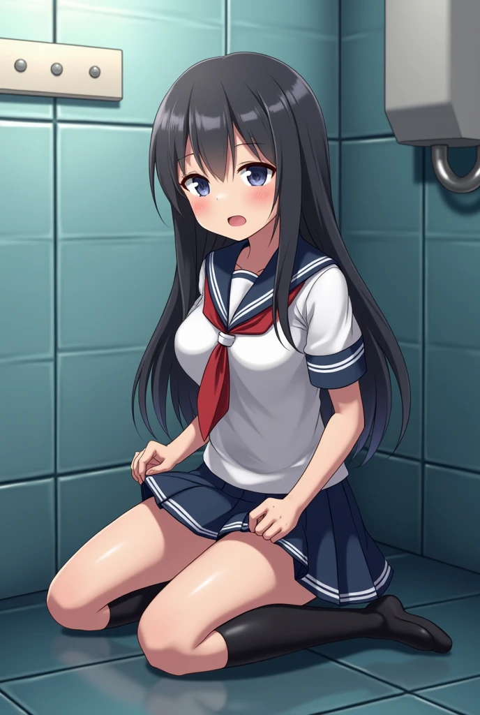 ((Masterpiece)),((Draw in beautiful detail)),1Girl,Mizushima Morning,Blue Eyes,Black Hair,Big Breasts,Surprised expression,blush,Open your mouth,sit,Spread your legs,((((Peeing:1.2)))),front,school uniform,White panties,bedroom
