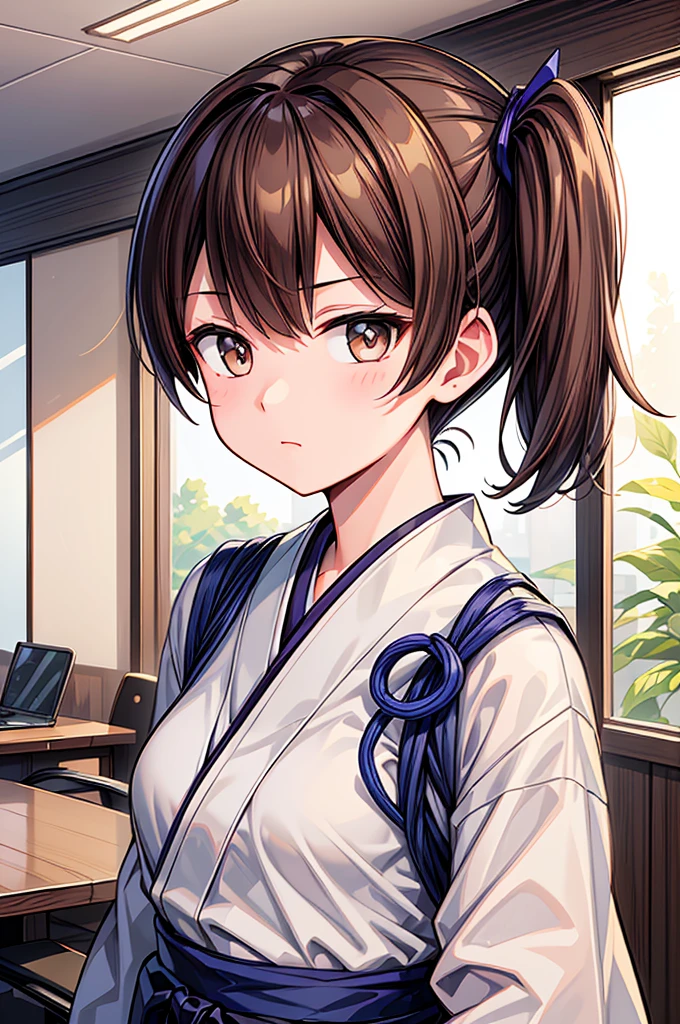 (masterpiece, best quality:1.2),illustration,8k,hd,1girl,solo,upper body,(small face),(20 yeears old:1.5),(portrait:1.2),brown_hair,side_ponytail,brown_eyes,short_hair,long_hair,small_breasts,japanese_clothes,muneate,skirt,partially_fingerless_gloves,yugake,tasuki,hakama_short_skirt,single_glove,indoor office,closed mouth,expressionless,Kaga/(Kantai Collection/),(looking at viewer:1.5)