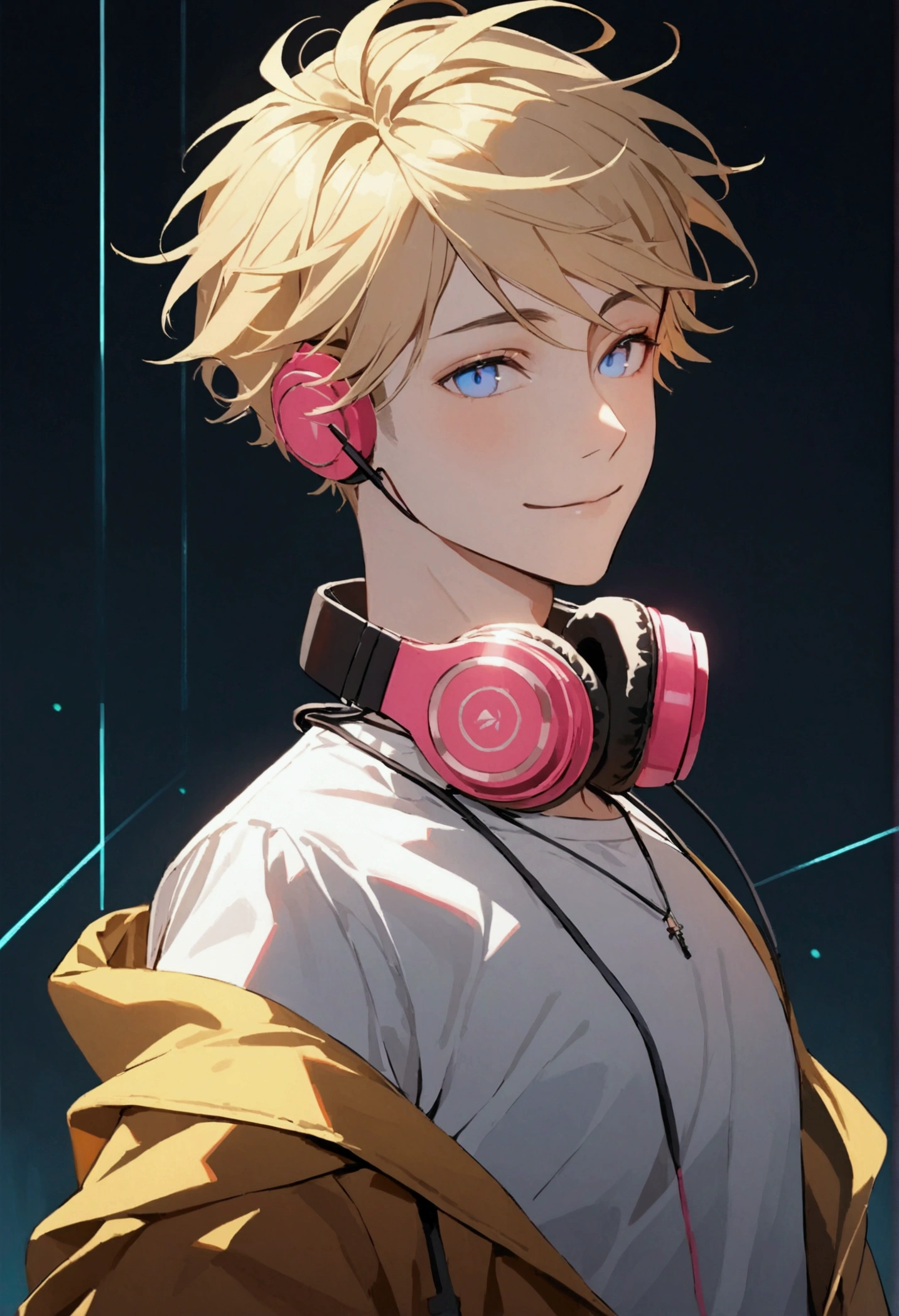 A young man with short blond hair, cian headphones around his neck, blue eyes, an open yellow jacket, white shirt, slight smile, huge floating pink holographic equalizer next to him