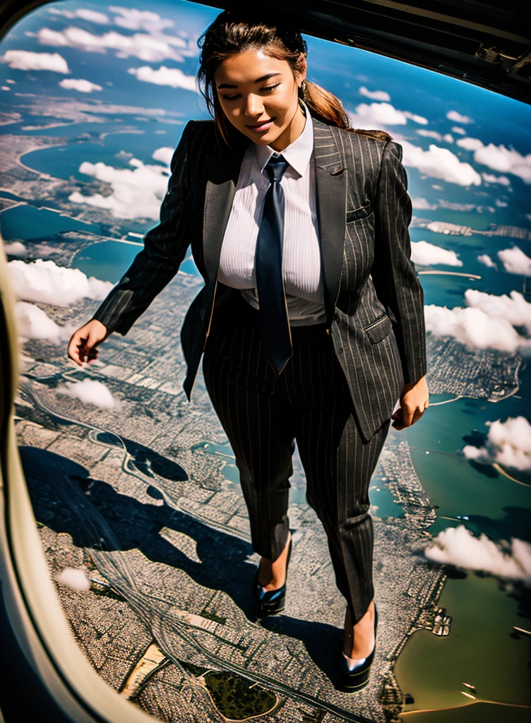 Giantess art, 100 miles tall bbw giantess in distance walking on countries, young women with beautiful curves, massive thighs, ginger hair, lipstick, wearing a perfect form-fitting light grey pinstripe trouser suit and blazer, crisp white shirt with large spread collar, large blade width Windsor knot red tie, with massive breasts. She is wearing platform high heels and standing on a miniature city, with massive cities no bigger than her feet, smiling with her huge breasts. This image is highly detailed, photorealistic, best quality, a masterpiece, with cinematic lighting, ultra-detailed, long ponytail hair with front bangs, high altitude photography, satellite view, a curvy figure, heaving bosom, legs, a stepping on mulitple mega city,, destruction, buildings, roads, a cloudy, overcast, hazy atmosphere, and wispy clouds. Seen from space