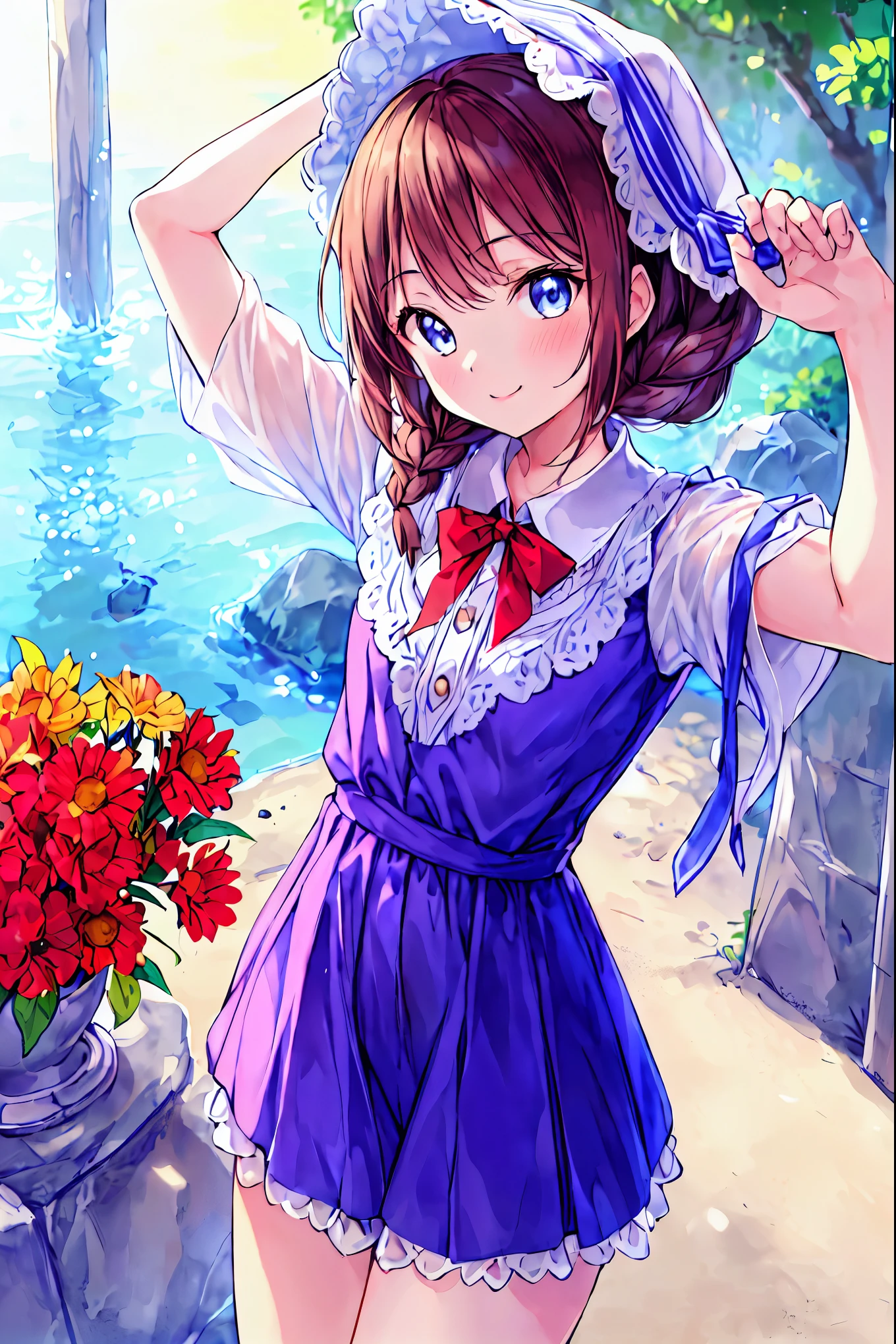 (masterpiece, best quality ), one girl who is at ease, smile, cute, to take a selfie , Outdoor, beautiful face, bonnet, Red Dress、Brown Hair, shortcuts, unkempt hair,Short braided hair,Neat, slender beautiful,Correct posture,Small chest, beautiful legs, their enchanting gray-blue eyes are shining like stars,Droopy eyes, bright color, beautiful eyes,繊細なsmile,Textured Skin, best quality best , gentle and beautiful woman , anime style、