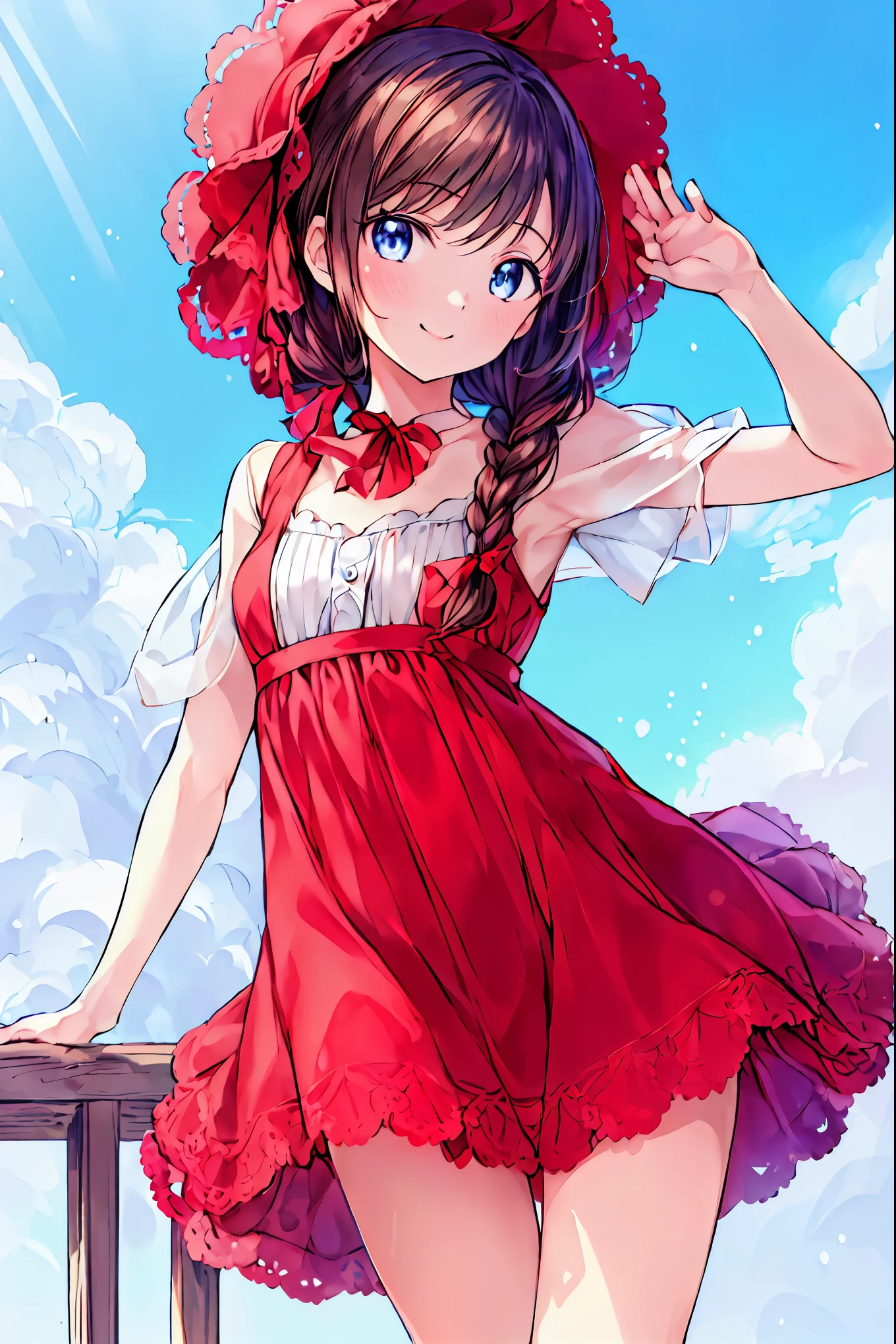 (masterpiece, best quality ), one girl who is at ease, smile, cute, to take a selfie , Outdoor, beautiful face, bonnet, Red Dress、Brown Hair, shortcuts, unkempt hair,Short braided hair,Neat, slender beautiful,Correct posture,Small chest, beautiful legs, their enchanting gray-blue eyes are shining like stars,Droopy eyes, bright color, beautiful eyes,繊細なsmile,Textured Skin, best quality best , gentle and beautiful woman , anime style、